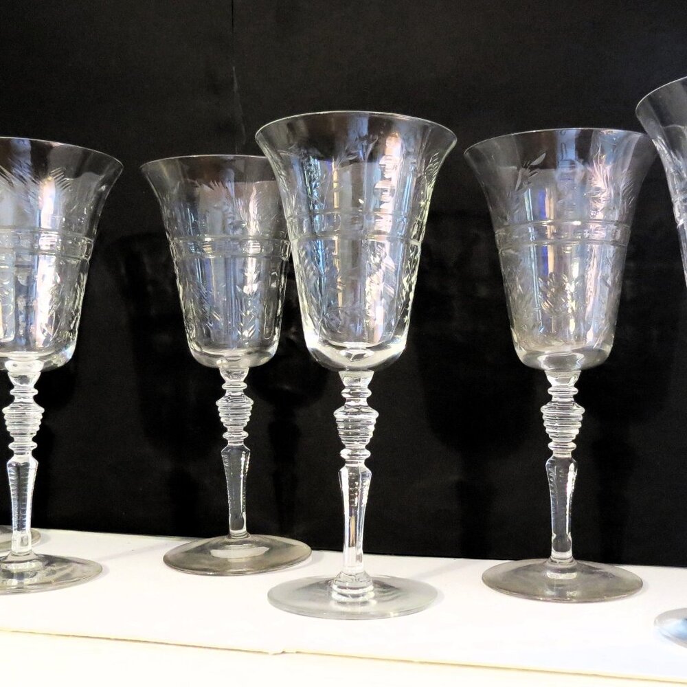 Set of 6 Classic Etched Wine Glasses by Rock Sharpe, Ca. 19030-40's. Mint!